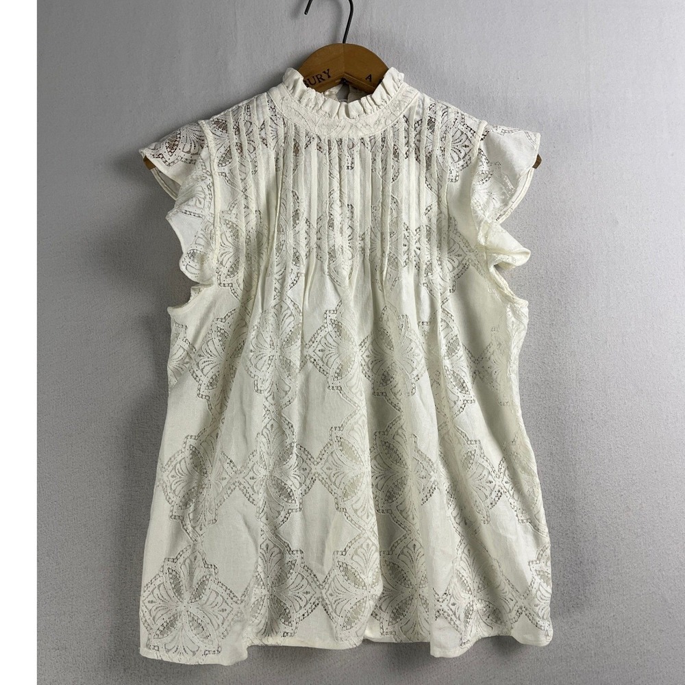 Ivory Lace Ruffle Mock Neck Sleeveless Blouse XS Pleated Boho Top - Picture 2 of 7